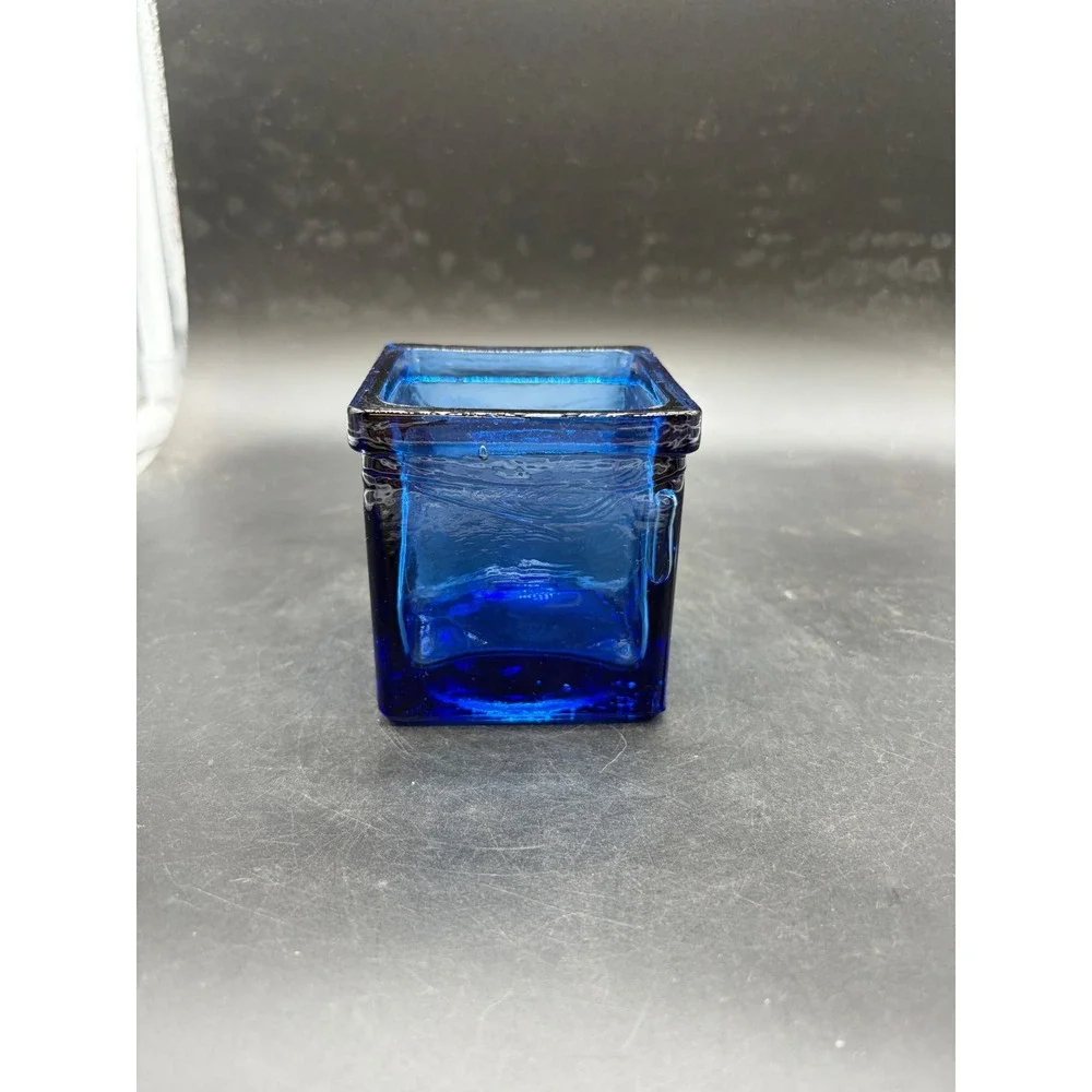 Cobalt Blue Art Glass Square Votive Candle Holder Textured Heavy Glass Planter